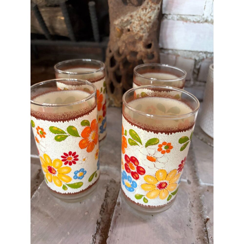 Vintage Libby Flora 70's Classic Flower Power Retro MCM Fun 16oz Set of 4 Glass